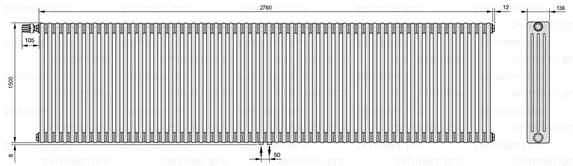 Схема (чертеж) Радиатор Zehnder Charleston 4150/60 №V007 Белый глянцевый RAL 9016
